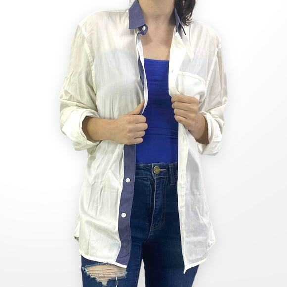 00s ARMANI EXCHANGE Vintage Cream Blue Contrast Collar Button Up Shirt - Picture 5 of 5